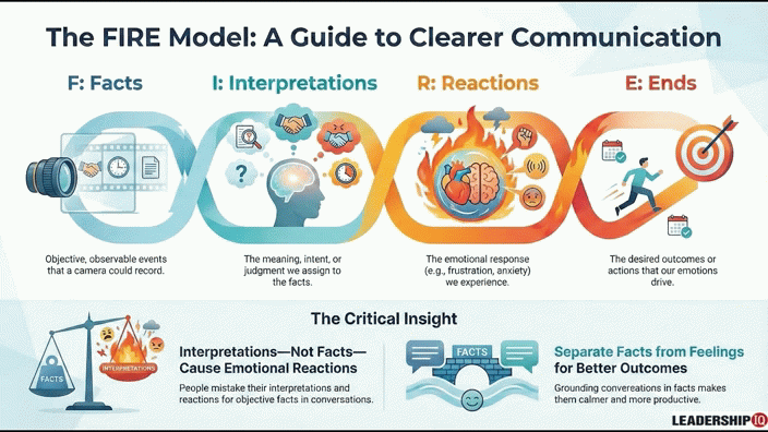 The FIRE Model infographic showing Facts, Interpretations, Reactions, and Ends - A Guide to Clearer Communication