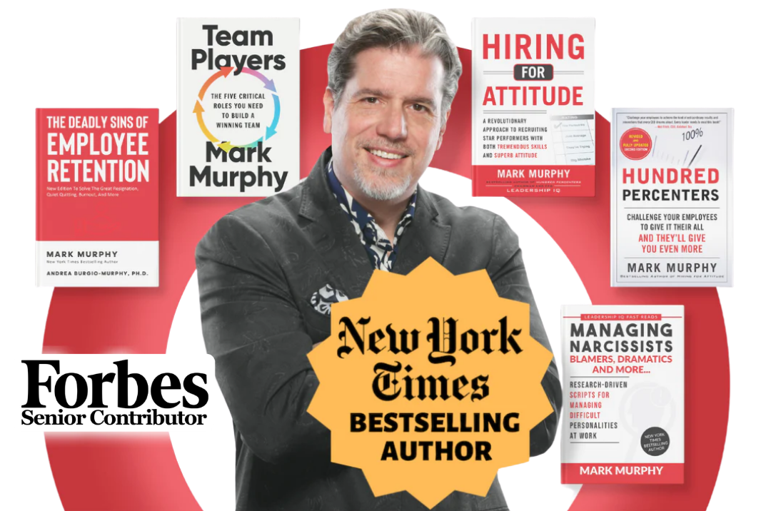 Mark Murphy with his leadership books, New York Times bestselling author badge, and Forbes Senior Contributor badge
